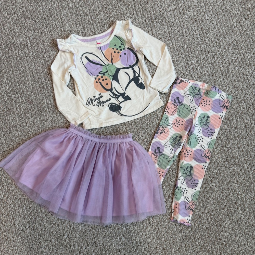 Disney Minnie Mouse 3 Piece Outfit Set Girls‎ Kids Top Leggings Skirt Size 2T
